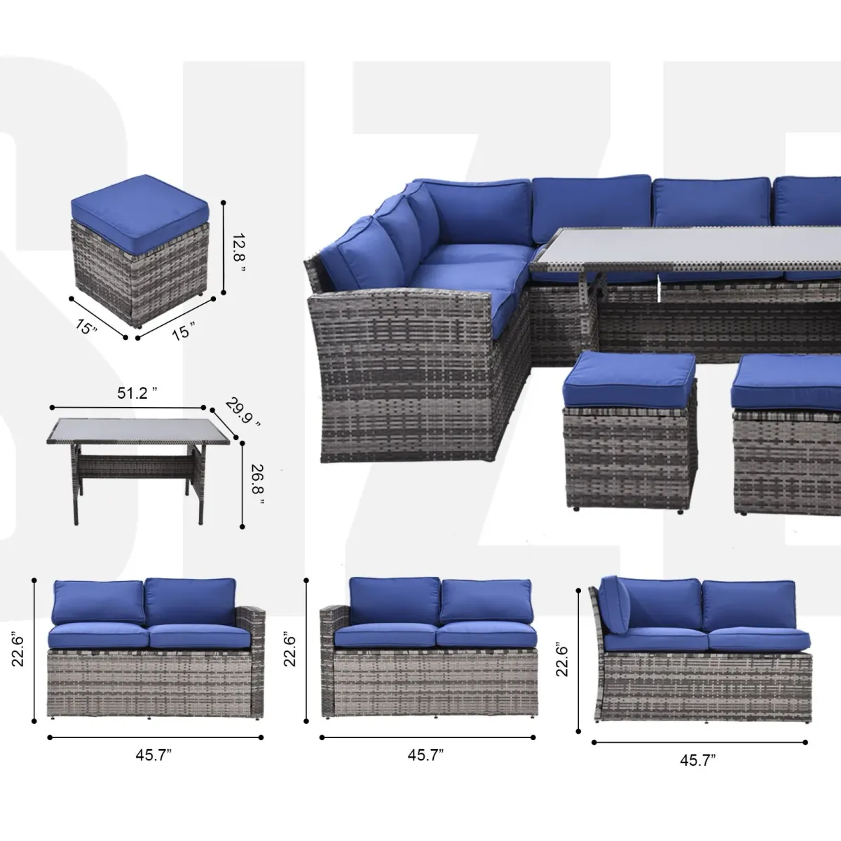 7 Pieces Outdoor Sectional Conversation Sofa With Dining Table, Chairs And Ottomans, All Weather, With Backrest And Removable Cushions