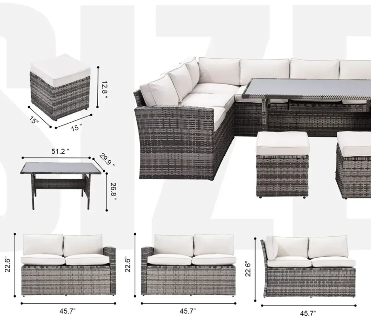 7 Pieces Outdoor Sectional Conversation Sofa With Dining Table, Chairs And Ottomans, All Weather, With Backrest And Removable Cushions