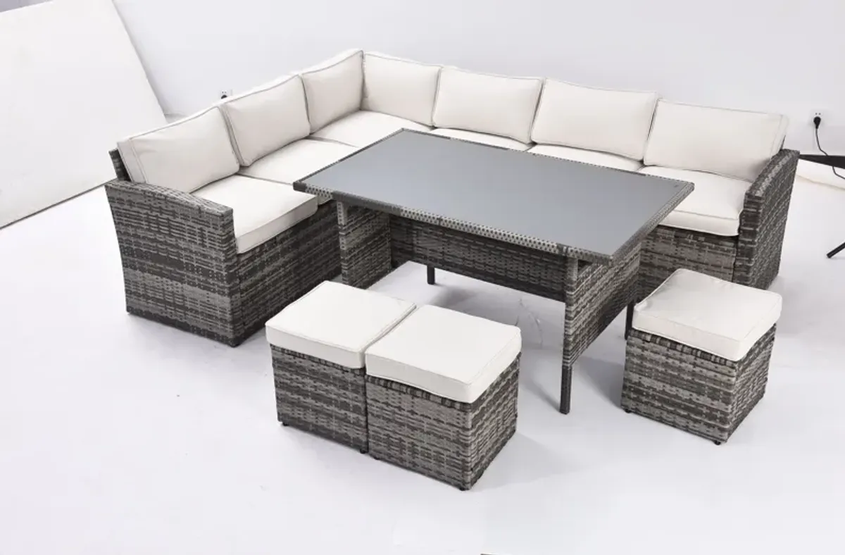 7 Pieces Outdoor Sectional Conversation Sofa With Dining Table, Chairs And Ottomans, All Weather, With Backrest And Removable Cushions