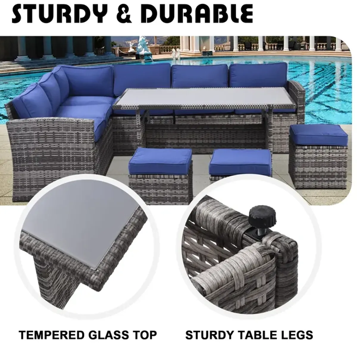 7 Pieces Outdoor Sectional Conversation Sofa With Dining Table, Chairs And Ottomans, All Weather, With Backrest And Removable Cushions