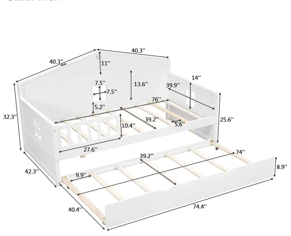 Wooden Daybed With Trundle And Sensor Light