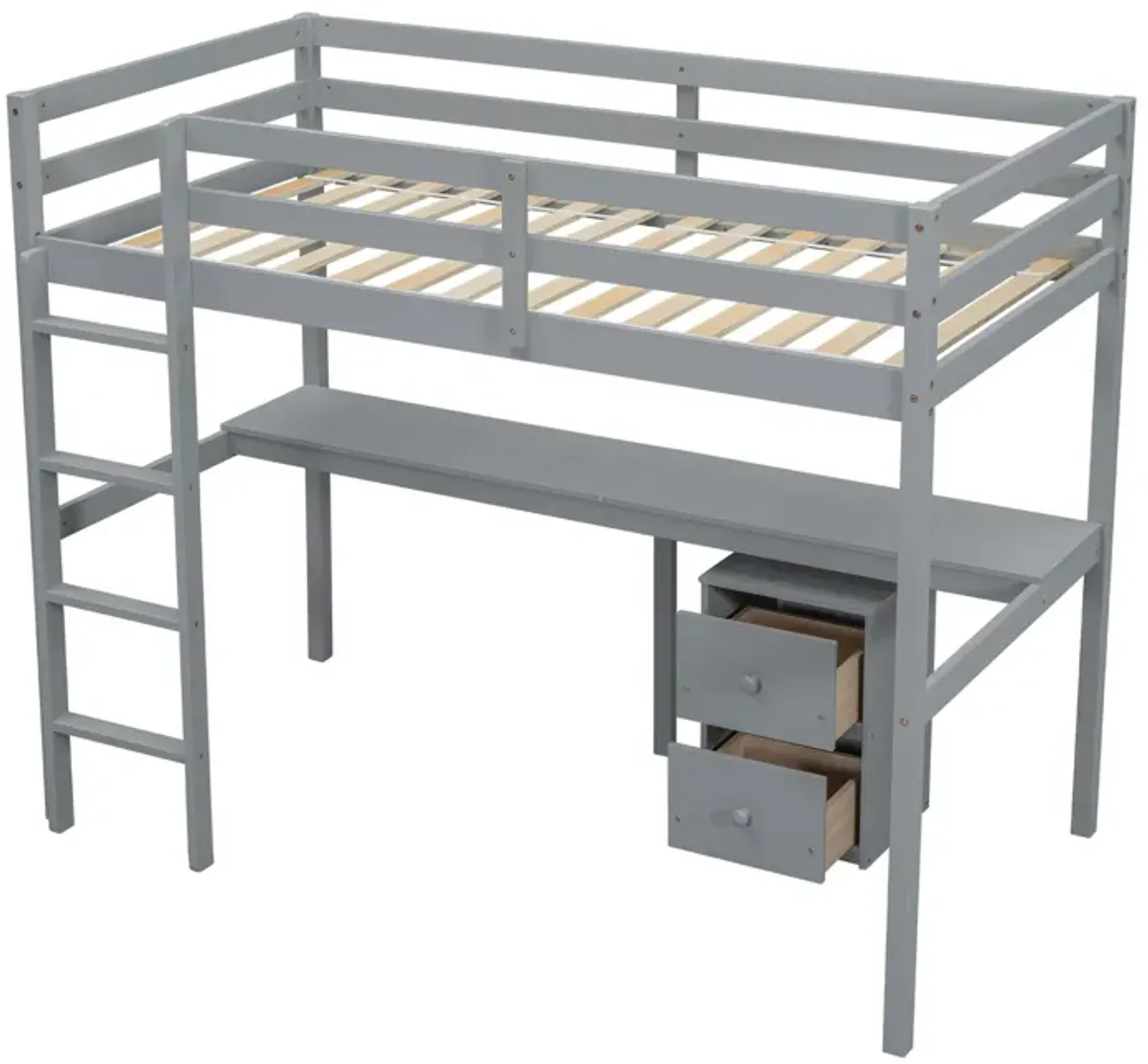 Loft Wood Bed With Under-Bed, Built-In Desk, A Storage Cabinet Of 2 Drawers, Guardrails, Ladder