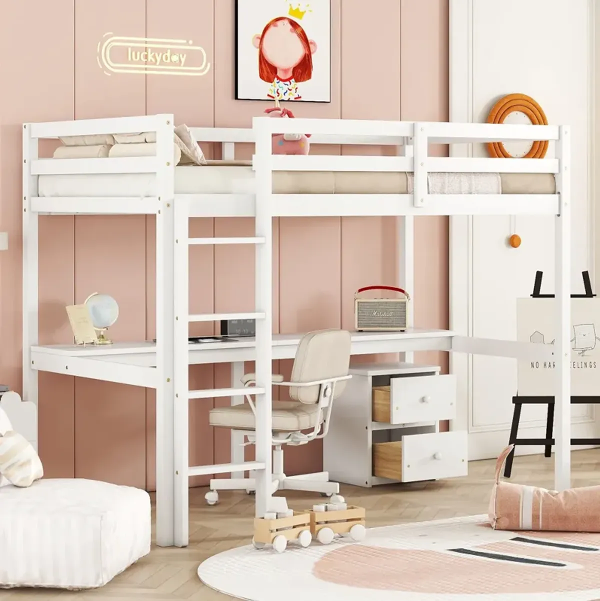 Loft Wood Bed With Under-Bed, Built-In Desk, A Storage Cabinet Of 2 Drawers, Guardrails, Ladder