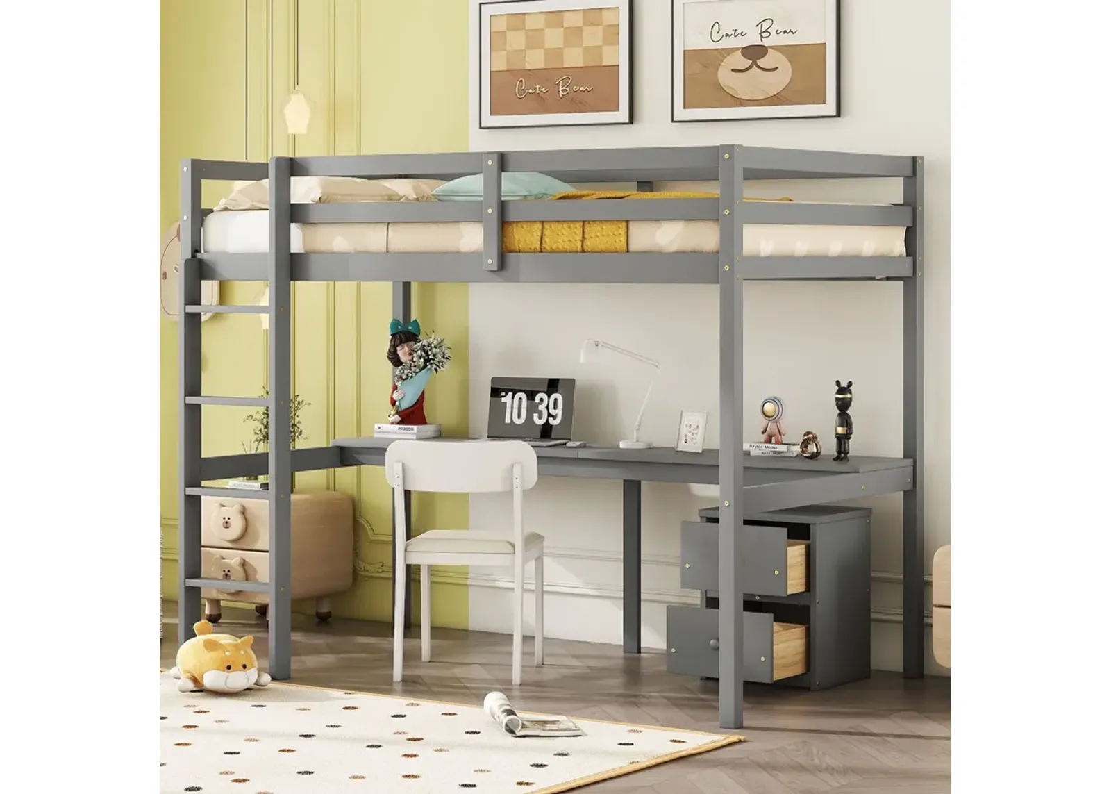 Loft Wood Bed With Under-Bed, Built-In Desk, A Storage Cabinet Of 2 Drawers, Guardrails, Ladder