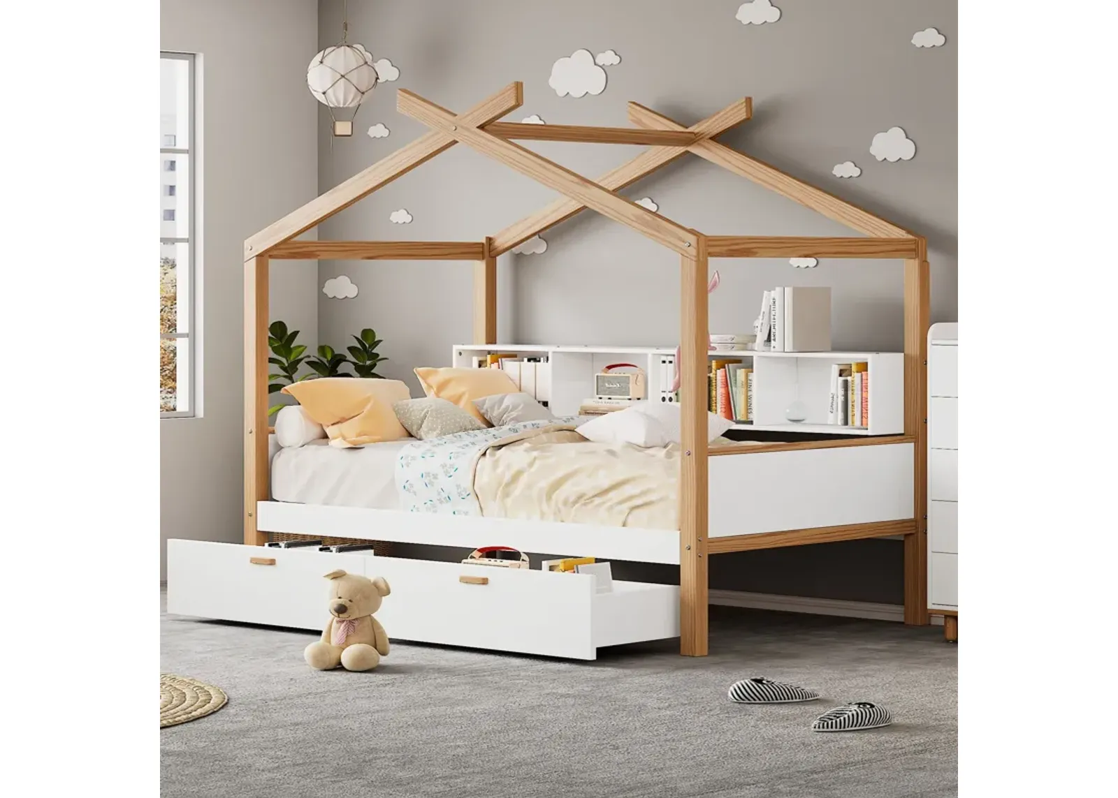 Wooden House Bed Original Wood Colored Frame With Two Drawers And Bookshelf Storage Space For Children Or Guest Room