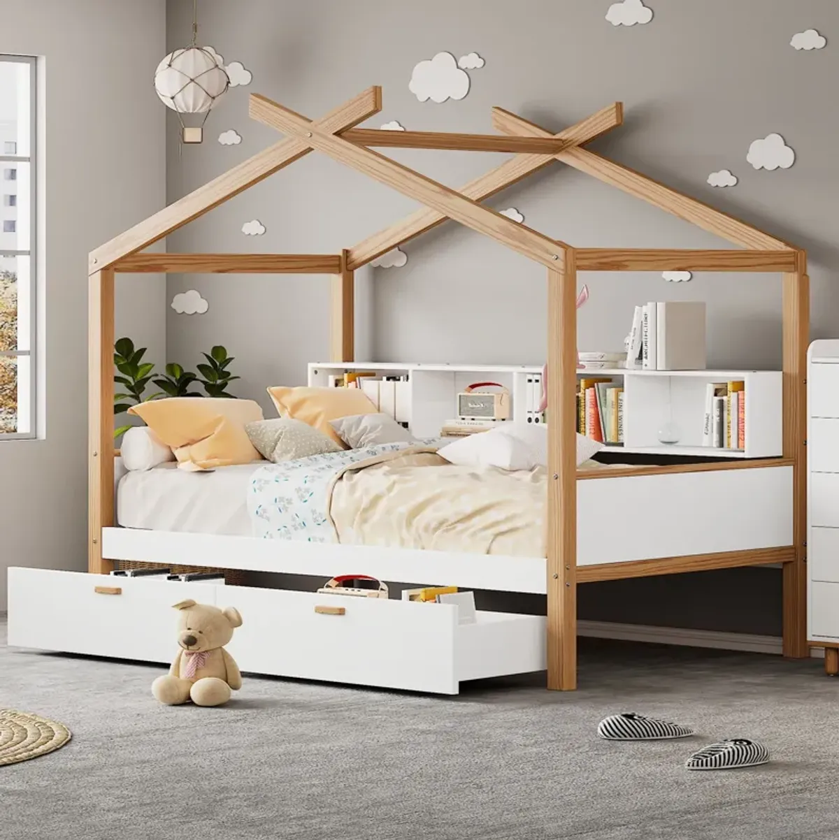 Wooden House Bed Original Wood Colored Frame With Two Drawers And Bookshelf Storage Space For Children Or Guest Room