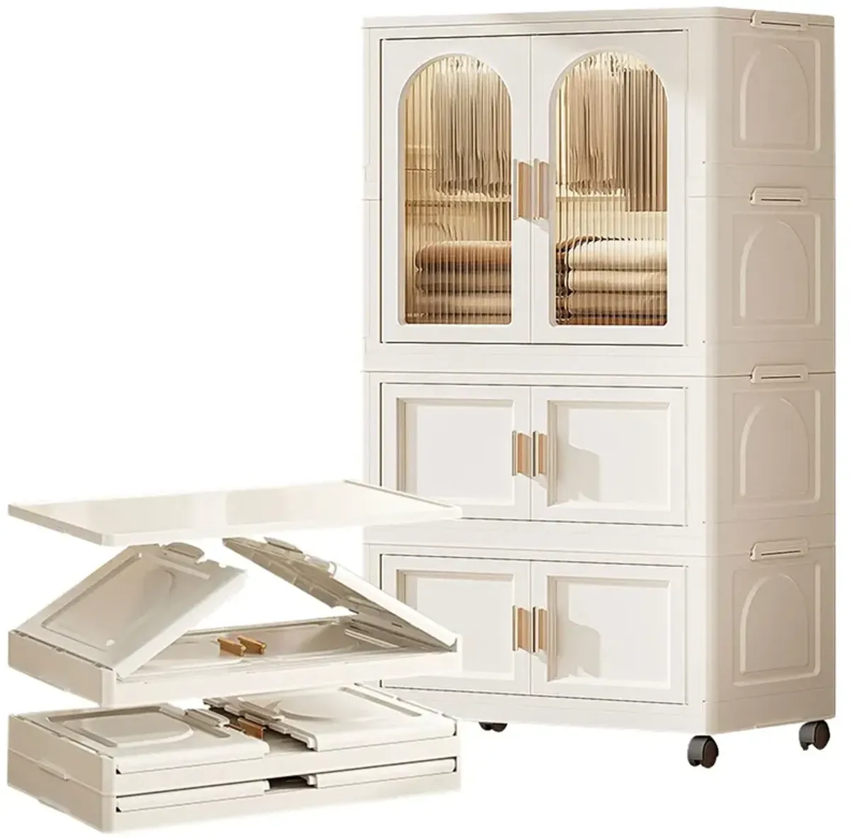 25.59" Side Wide Folding Wardrobe, 25.59" ×15.75" ×57.09" , With Magnetic Door, Plastic Storage Cabinet With Wheels ( One Layer Of Wardrobe + Two Layers Of Folding Boxes + 10 Hangers ) - Cream White