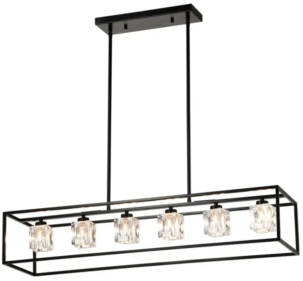 6 Light Farmhouse Chandelier, Modern Industrial Linear Rectangular Crystal Pendant Light Cage Chandelier For Dining Room, Kitchen Island, Bar, Long Table, G9*6 Bulbs Included - Matte Black
