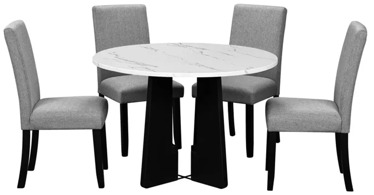 5 Piece Round Dining Table Set, Modern Dining Table And 4 Upholstered Chairs For Dining Room, Kitchen Room, Living Room - White / Gray