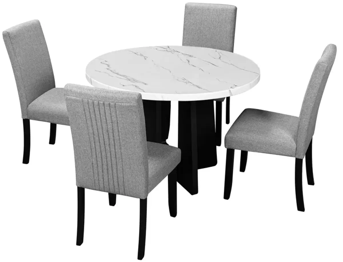 5 Piece Round Dining Table Set, Modern Dining Table And 4 Upholstered Chairs For Dining Room, Kitchen Room, Living Room - White / Gray