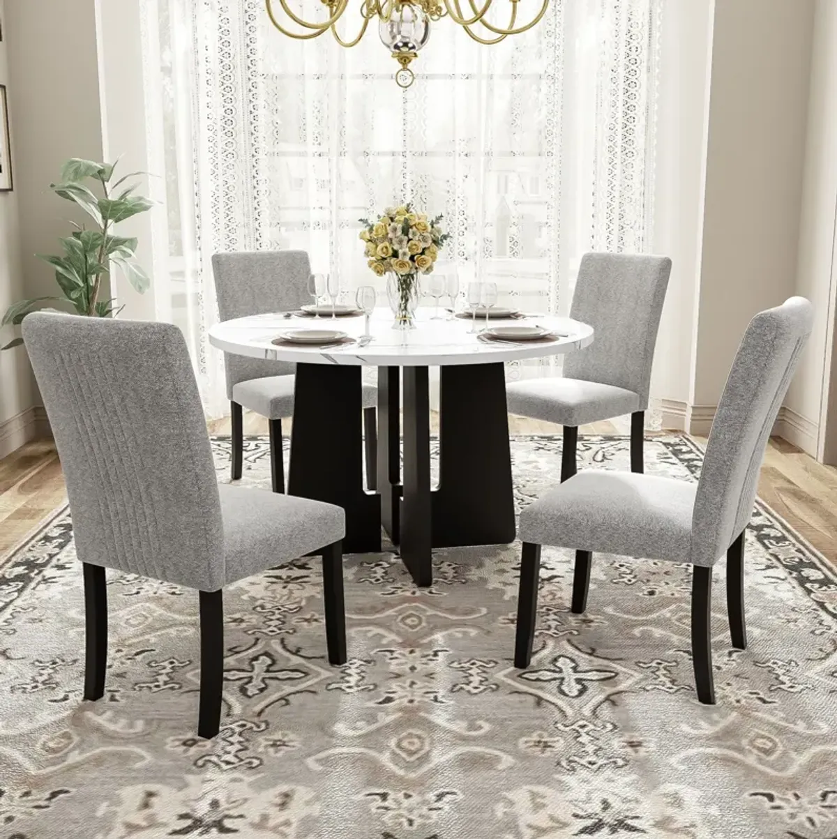 5 Piece Round Dining Table Set, Modern Dining Table And 4 Upholstered Chairs For Dining Room, Kitchen Room, Living Room - White / Gray