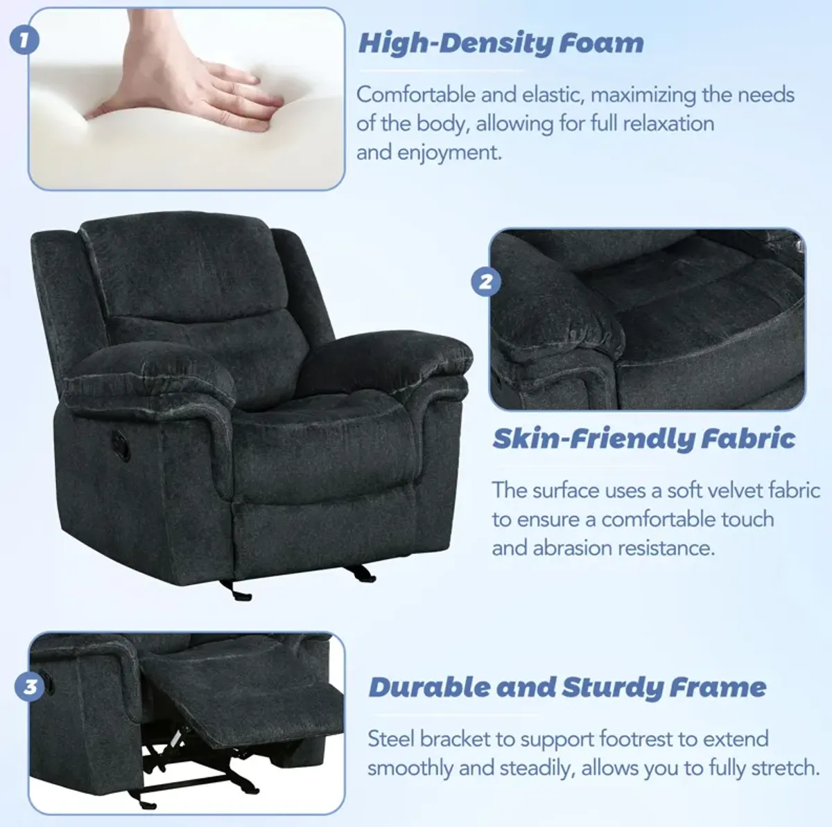 Home Theater Seating Manual Reclining Sofa For Living Room, Bedroom - Dark Blue