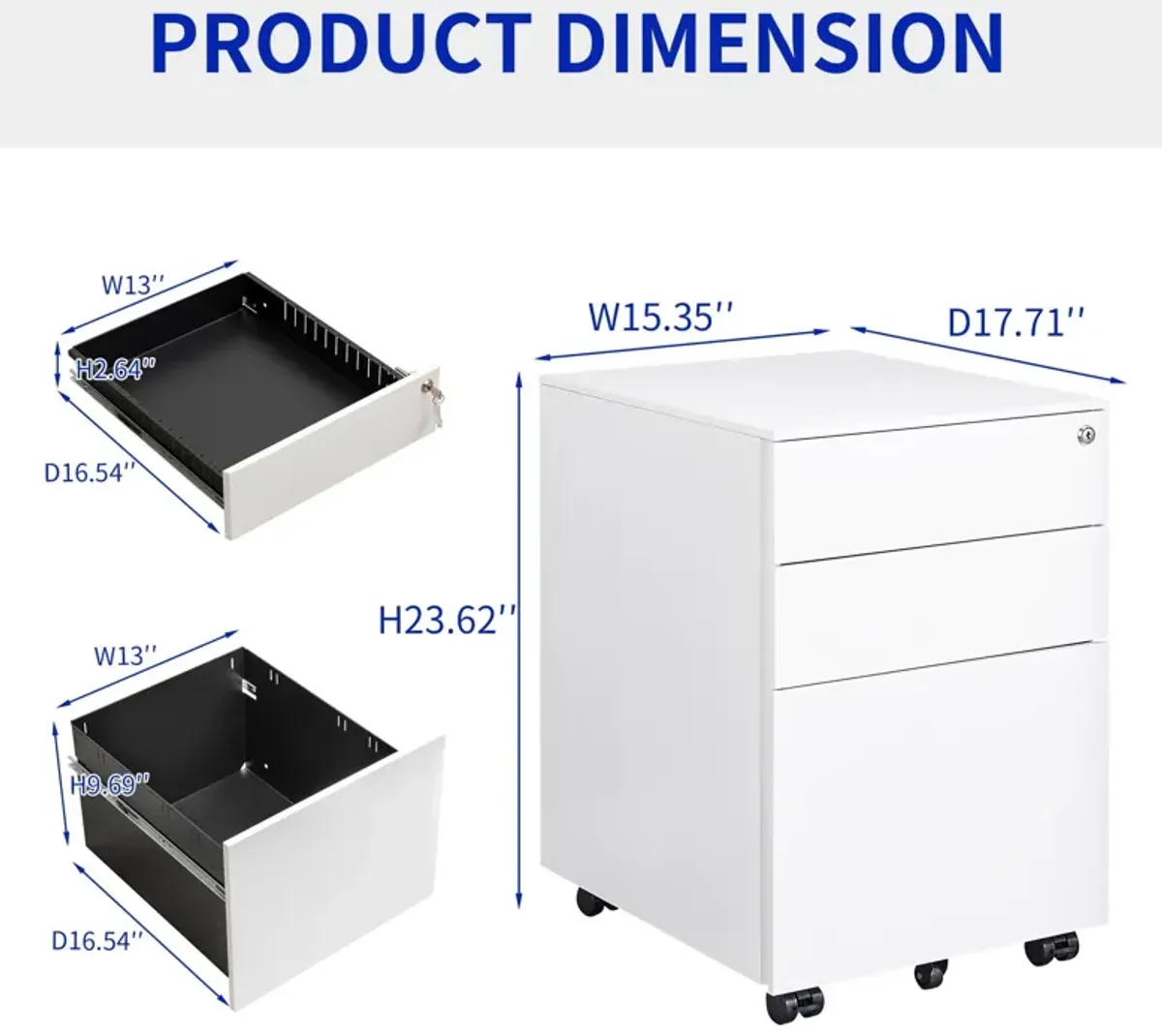 3 Drawer Mobile File Cabinet With Lock Steel File Cabinet For Legal / Letter / A4 / F4 Size, Home / Office Design