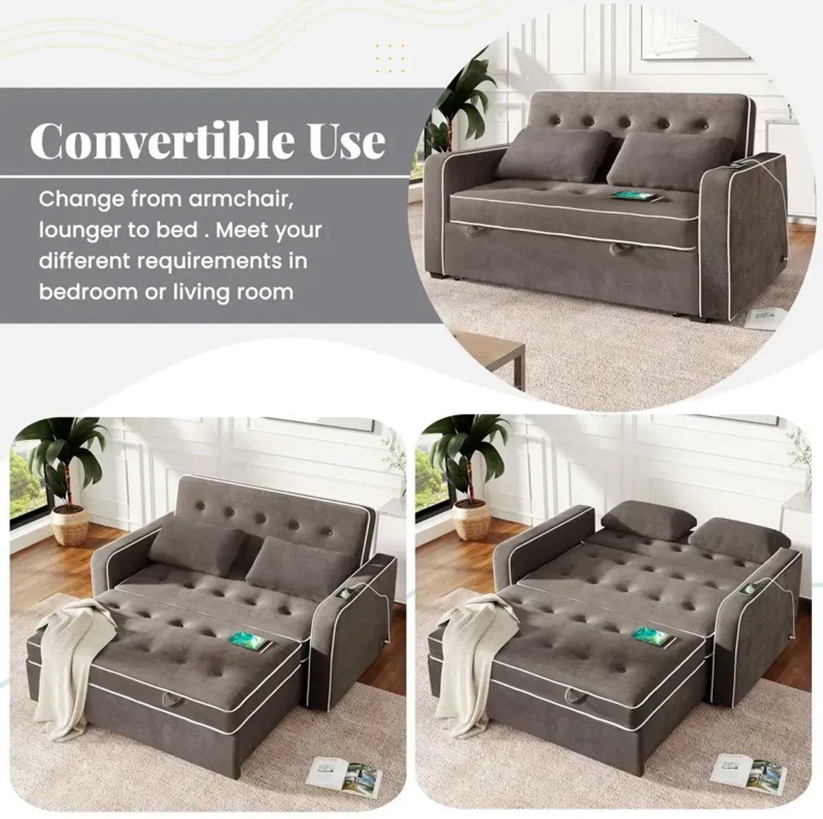 Upholstered Sleeper Bed, Pull Out Sofa Bed Couch Attached Two Throw Pillows, Dual USB Charging Port And Adjustable Backrest