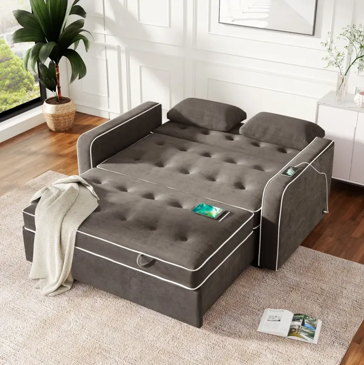 Upholstered Sleeper Bed, Pull Out Sofa Bed Couch Attached Two Throw Pillows, Dual USB Charging Port And Adjustable Backrest