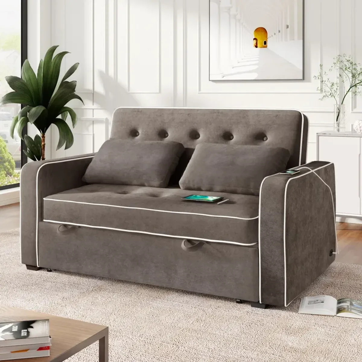 Upholstered Sleeper Bed, Pull Out Sofa Bed Couch Attached Two Throw Pillows, Dual USB Charging Port And Adjustable Backrest