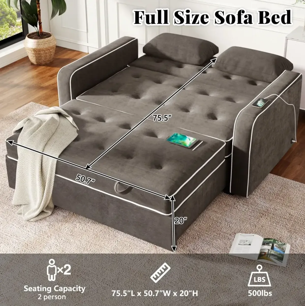 Upholstered Sleeper Bed, Pull Out Sofa Bed Couch Attached Two Throw Pillows, Dual USB Charging Port And Adjustable Backrest