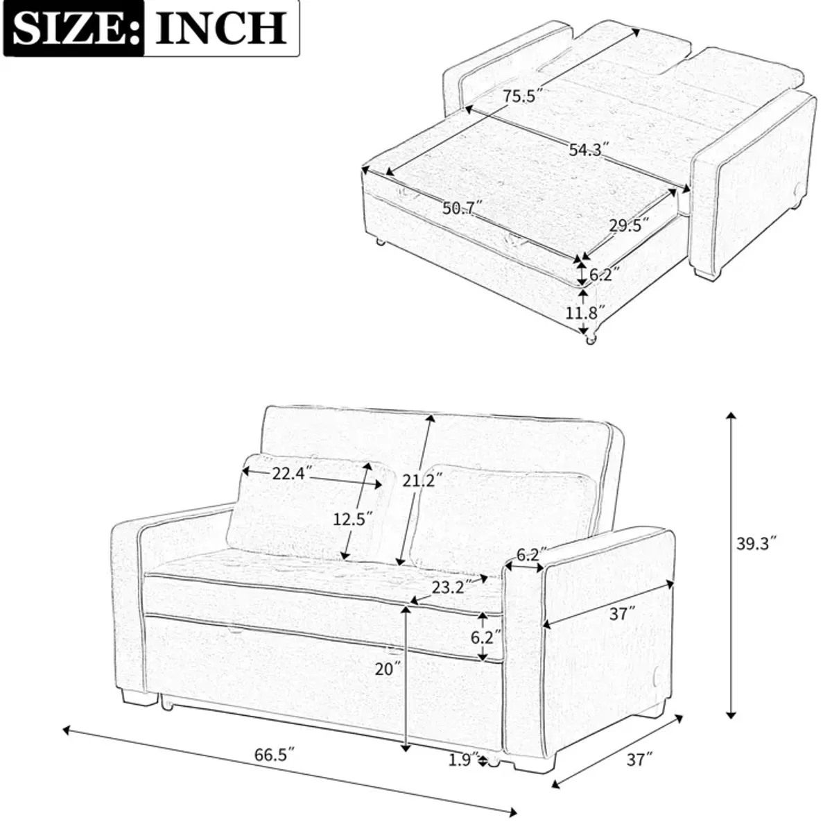 Upholstered Sleeper Bed, Pull Out Sofa Bed Couch Attached Two Throw Pillows, Dual USB Charging Port And Adjustable Backrest