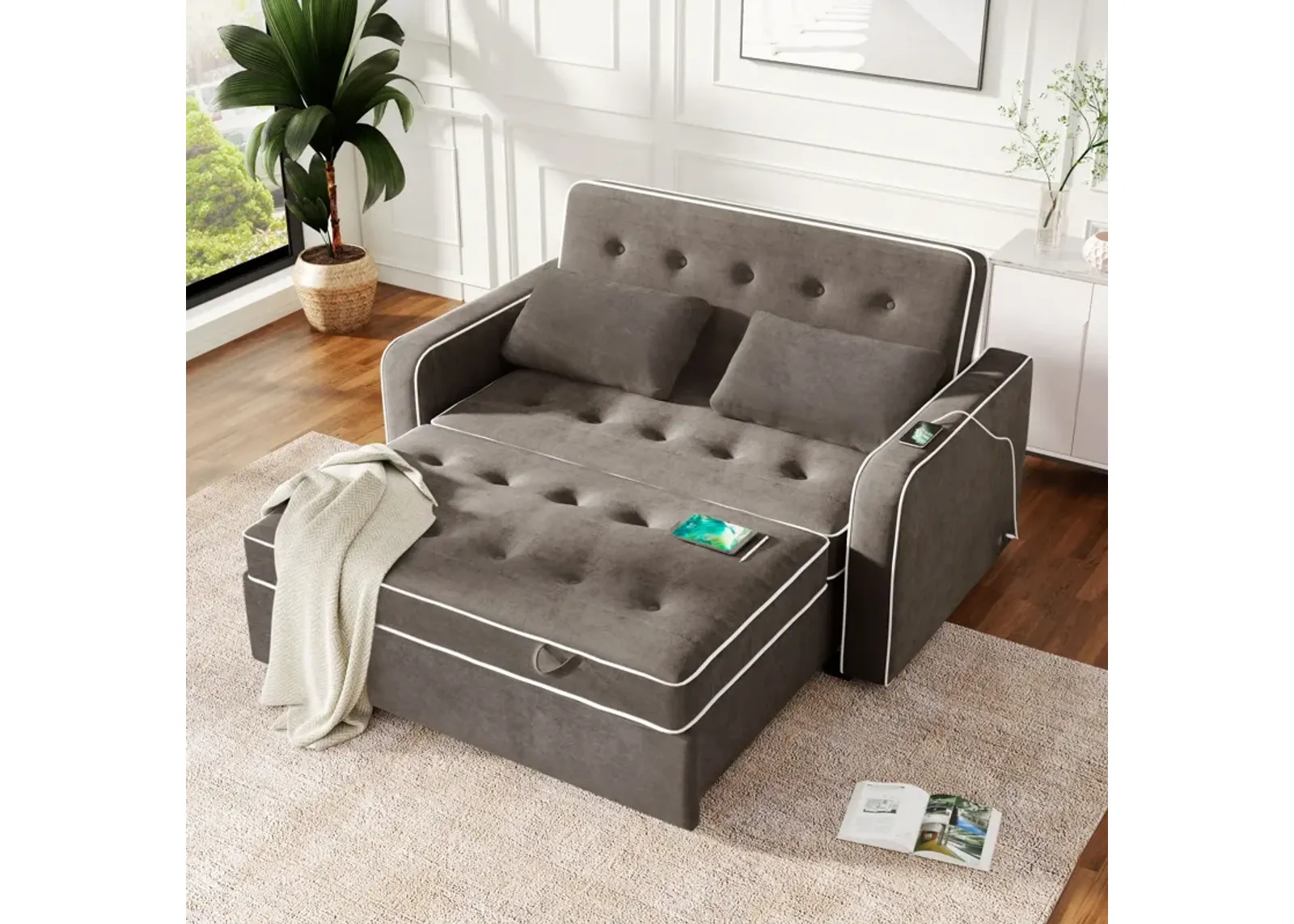 Upholstered Sleeper Bed, Pull Out Sofa Bed Couch Attached Two Throw Pillows, Dual USB Charging Port And Adjustable Backrest