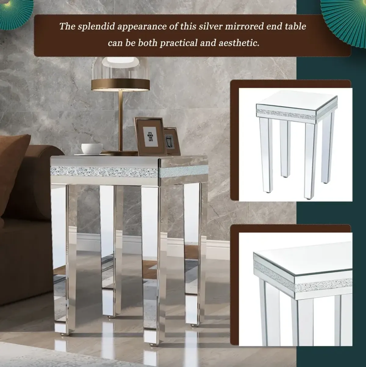 Fashionable Modern Glass MirroredTable With Crystal Design And Adjustable Height Legs