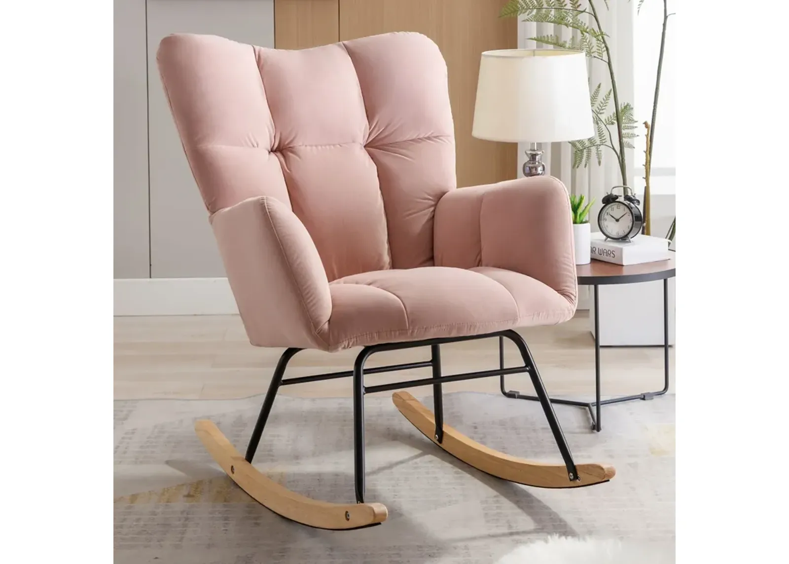 Mid-Century Modern Teddy Fabric Tufted Upholstered Rocking Chair Padded Seat For Living Room Bedroom