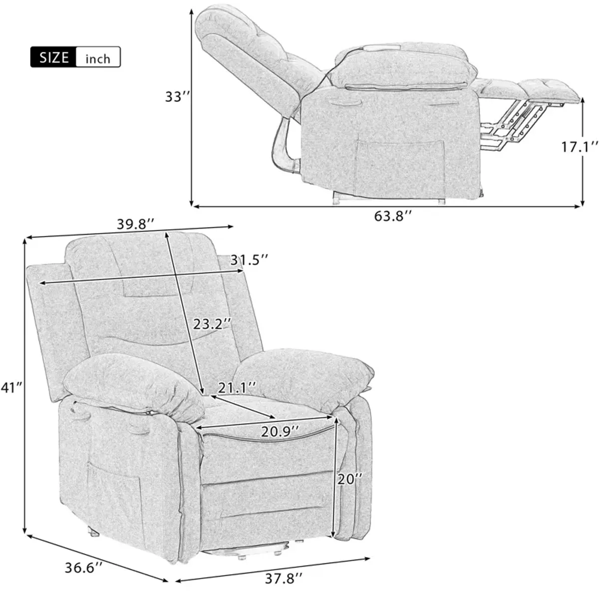 Massage Recliner, Power Lift Chair With Adjustable Massage And Heating Function, Recliner Chair With Infinite Position And Side Pocket For Living Room