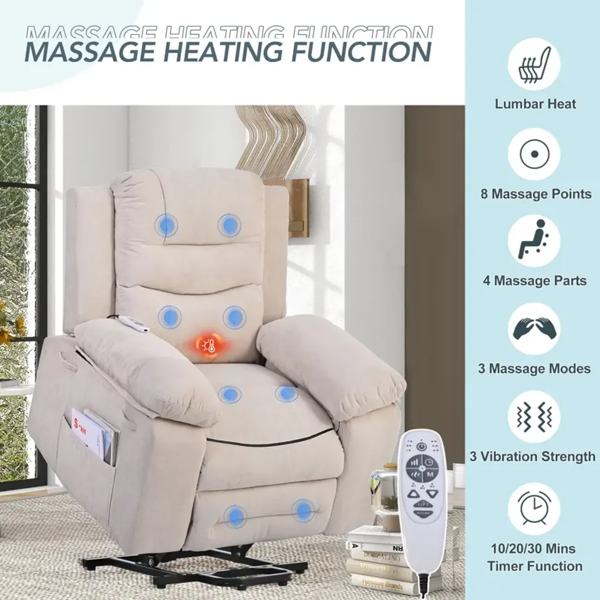 Massage Recliner, Power Lift Chair With Adjustable Massage And Heating Function, Recliner Chair With Infinite Position And Side Pocket For Living Room