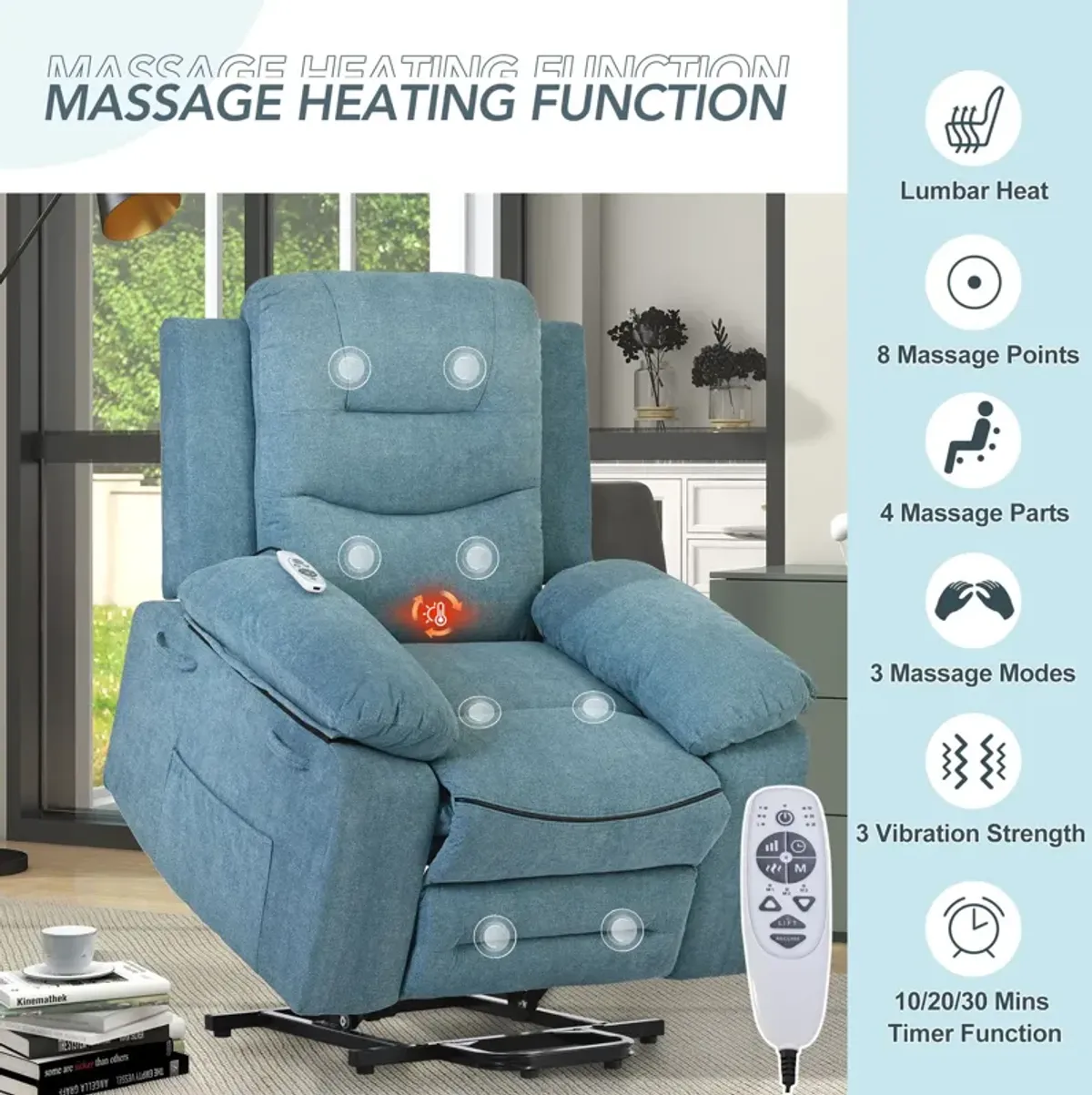 Massage Recliner, Power Lift Chair With Adjustable Massage And Heating Function, Recliner Chair With Infinite Position And Side Pocket For Living Room