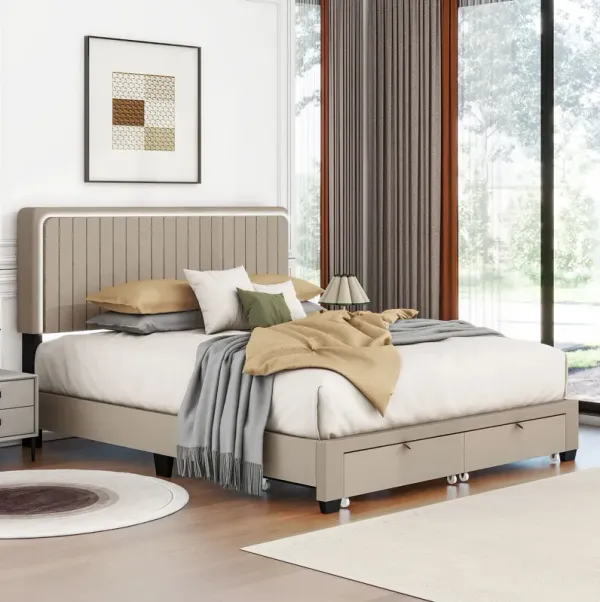 Upholstered Bed With Adjustable Height / Mattress / LED Design With Footboard Drawers Storage / No Box Spring Required