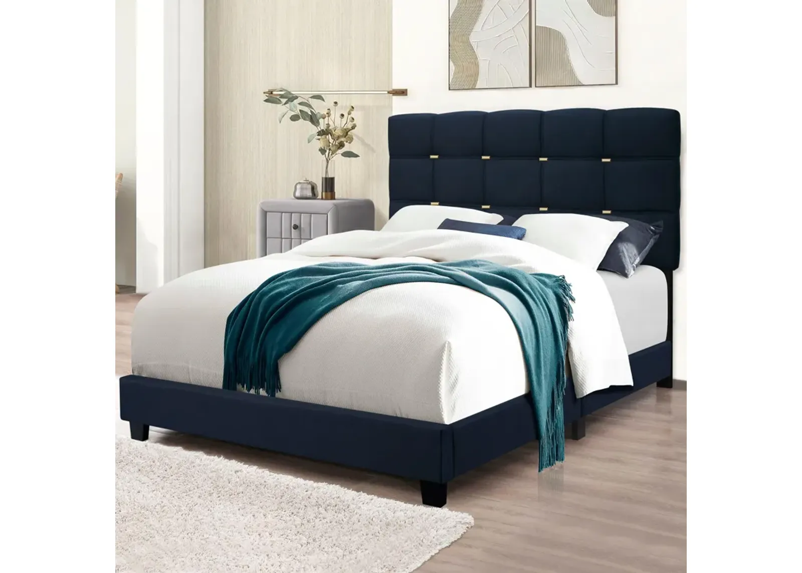 The Series Queen Size Adjustable Upholstered Bed Frame With Accents On The Headboard Has An Elegant Look And Requires No Springs - Black