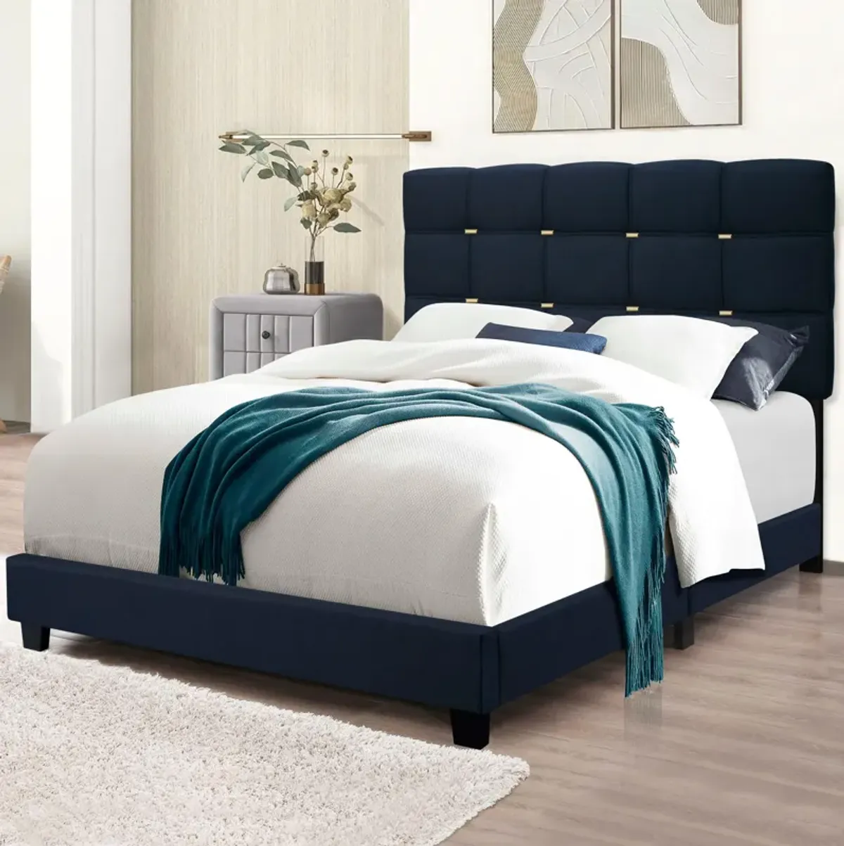 The Series Queen Size Adjustable Upholstered Bed Frame With Accents On The Headboard Has An Elegant Look And Requires No Springs - Black