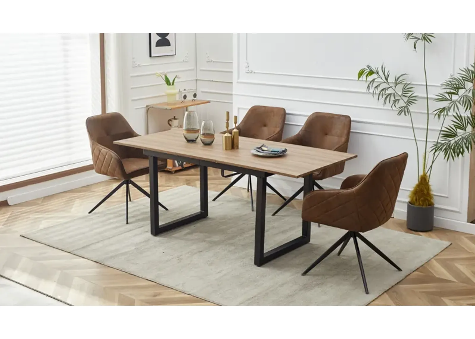 5 Pieces Dining Set, Extensible Table Metal Leg Mid-Century Dining Table For 4 - 6 People With MDF Table Top, Pedestal Dining Table, End Table Leisure Coffee Table - Matte Black