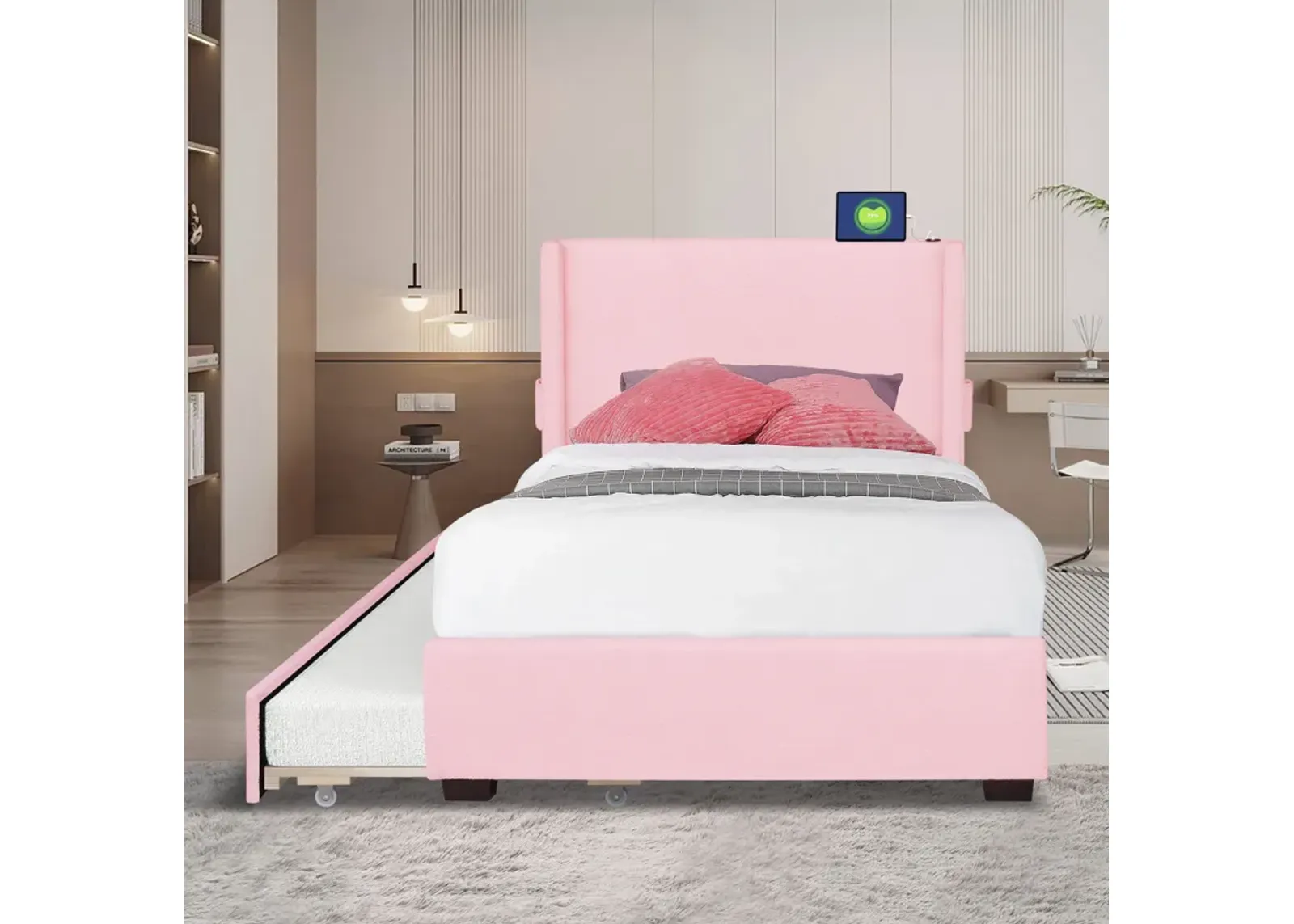 Twin Size Upholstered Bed Frame With Trundle Bed, Teddy Fabric, USB Functionality, And A Pocket Design On The Side Of The Headboard For Storing Small Items - Baby Pink