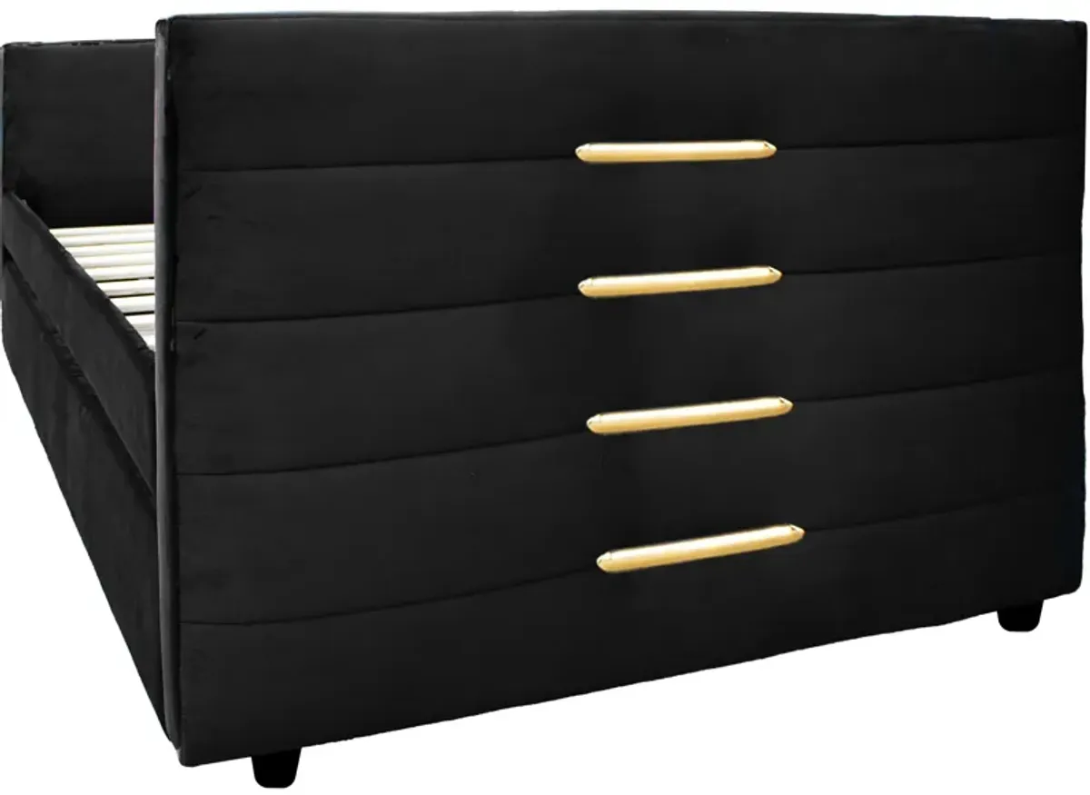 Upholstered Twin Size Daybed With Trundle, Velvet Fabric, Iron Bar Design, No Springs Required, Moderen Style - Black / Gold