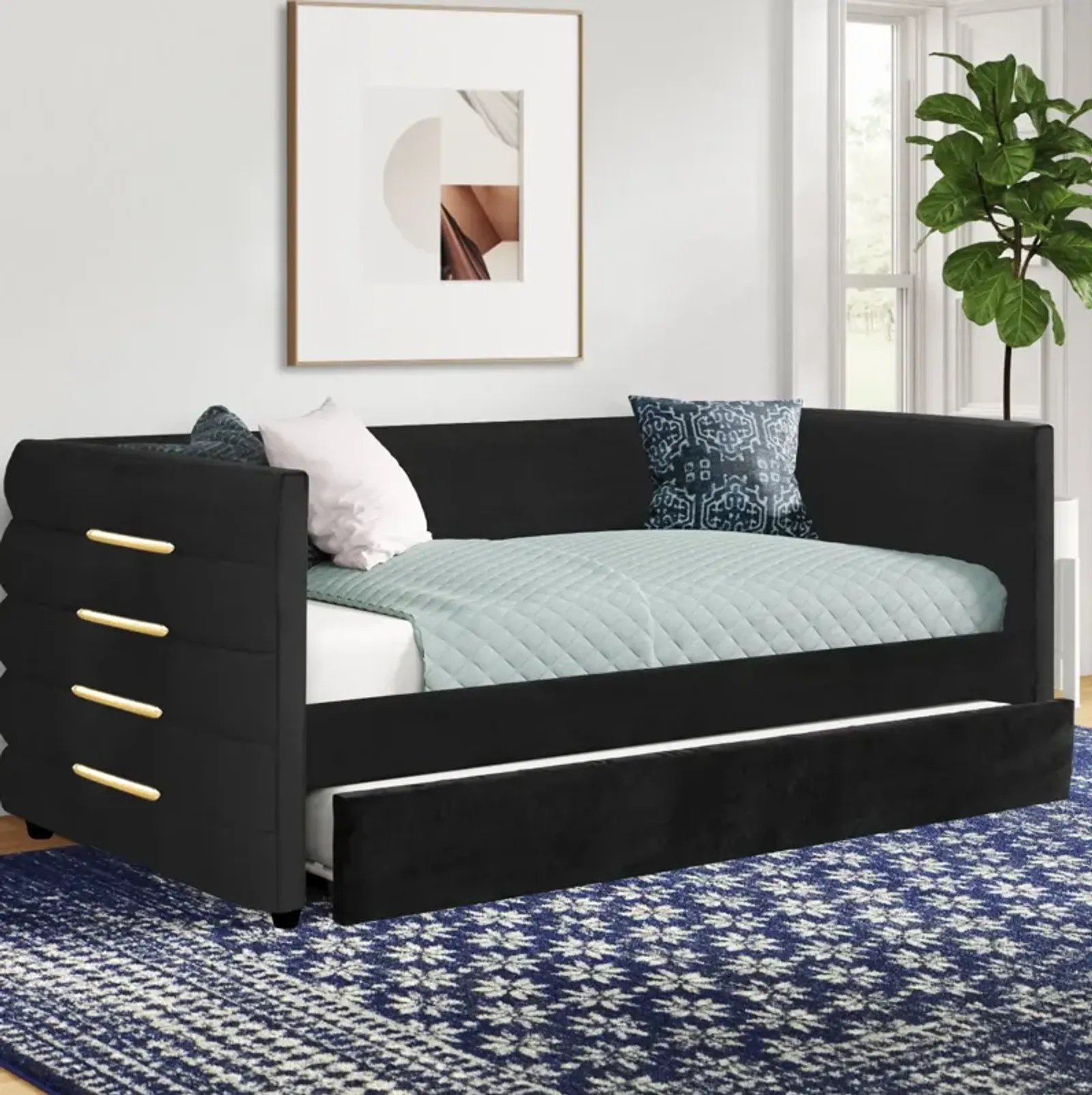 Upholstered Twin Size Daybed With Trundle, Velvet Fabric, Iron Bar Design, No Springs Required, Moderen Style - Black / Gold