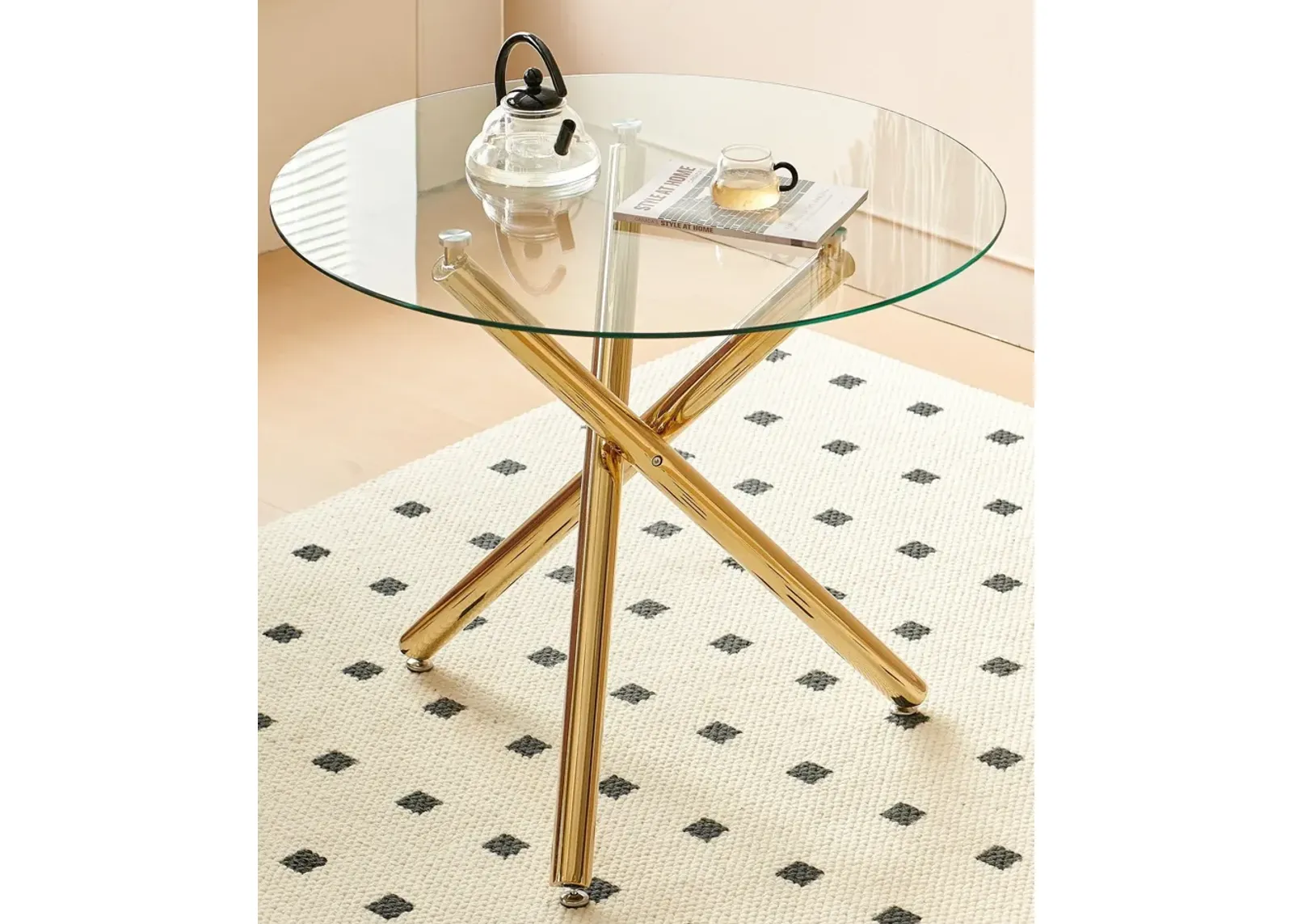 Dining Table With Metal Leg And Glass, Modern Space Saving Kitchen Table For Living Room - Golden