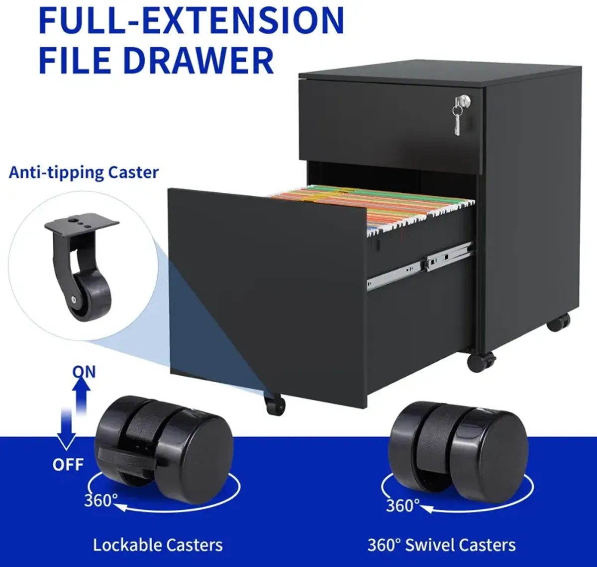 2 Drawer Mobile File Cabinet With Lock Steel File Cabinet For Legal / Letter / A4 / F4 Size / Home / Office Design