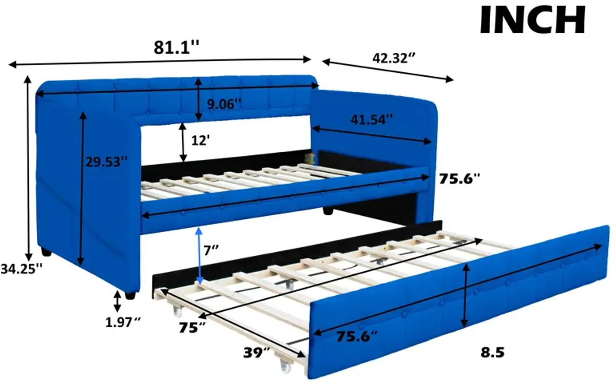 Upholstered Twin Size Daybed Bed Frame (Corner Bed) With Trundle, Velvet Fabric, Studding Design, No Box Spring Required