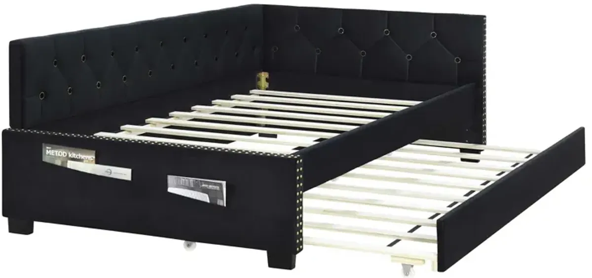 Upholstered Twin Size Daybed Bed Frame (Corner Bed) With Trundle, Velvet Fabric, Studding Design, No Box Spring Required