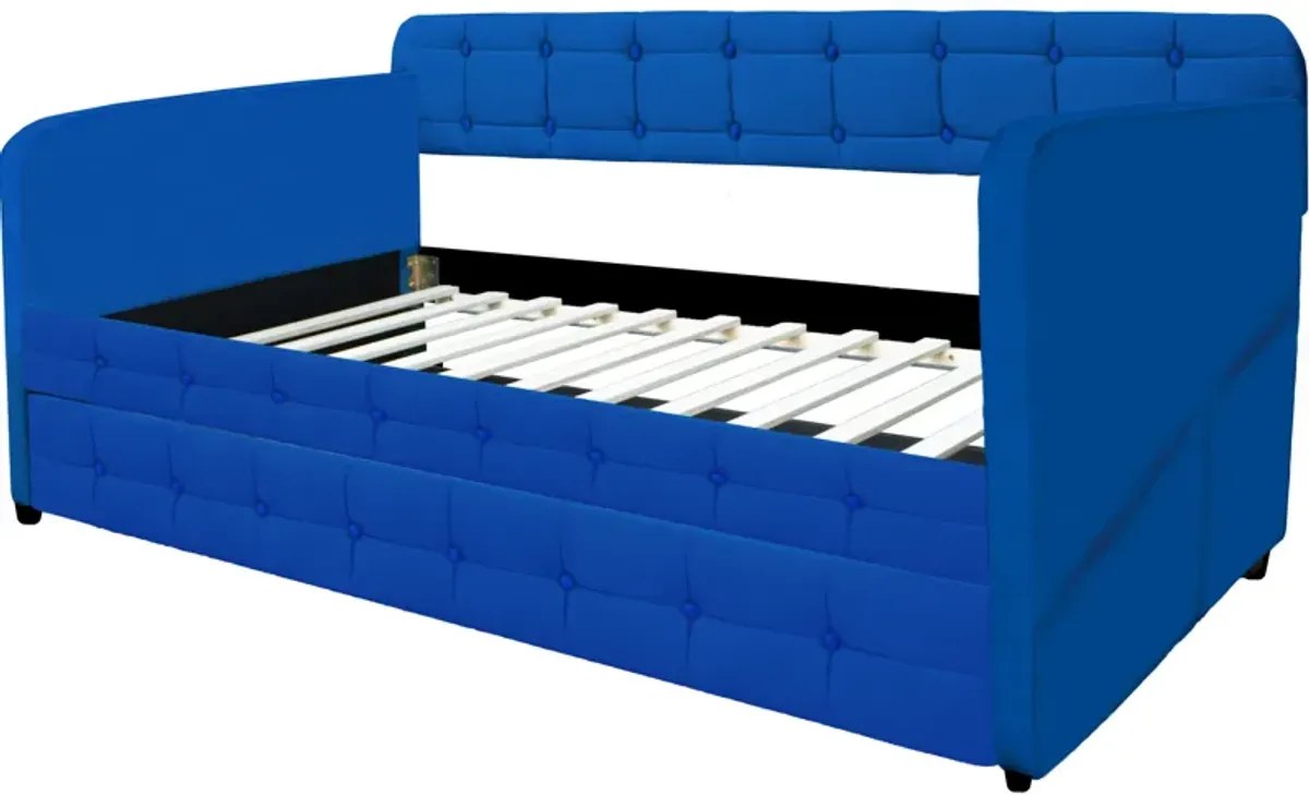 Upholstered Twin Size Daybed Bed Frame (Corner Bed) With Trundle, Velvet Fabric, Studding Design, No Box Spring Required