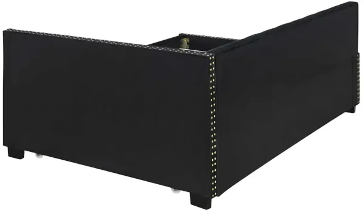 Upholstered Twin Size Daybed Bed Frame (Corner Bed) With Trundle, Velvet Fabric, Studding Design, No Box Spring Required