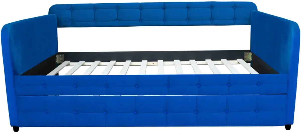 Upholstered Twin Size Daybed Bed Frame (Corner Bed) With Trundle, Velvet Fabric, Studding Design, No Box Spring Required