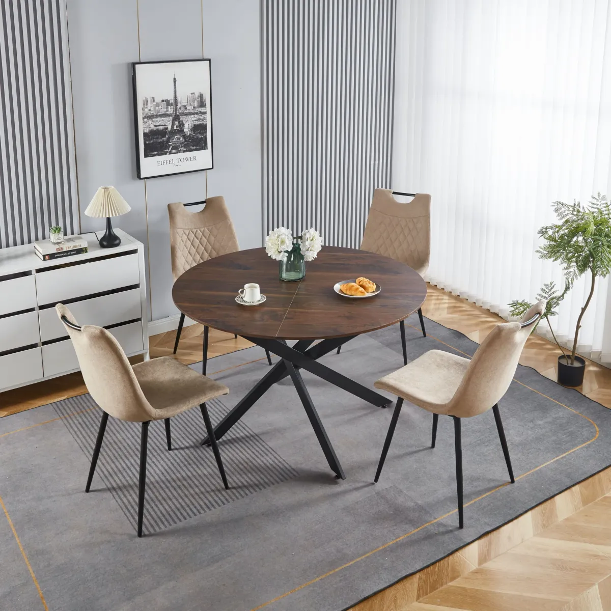 Mid-Century Dining Table For 4 - 6 People With Round MDF Table Top, Pedestal Dining Table, End Table Leisure Coffee Table, Cross Leg