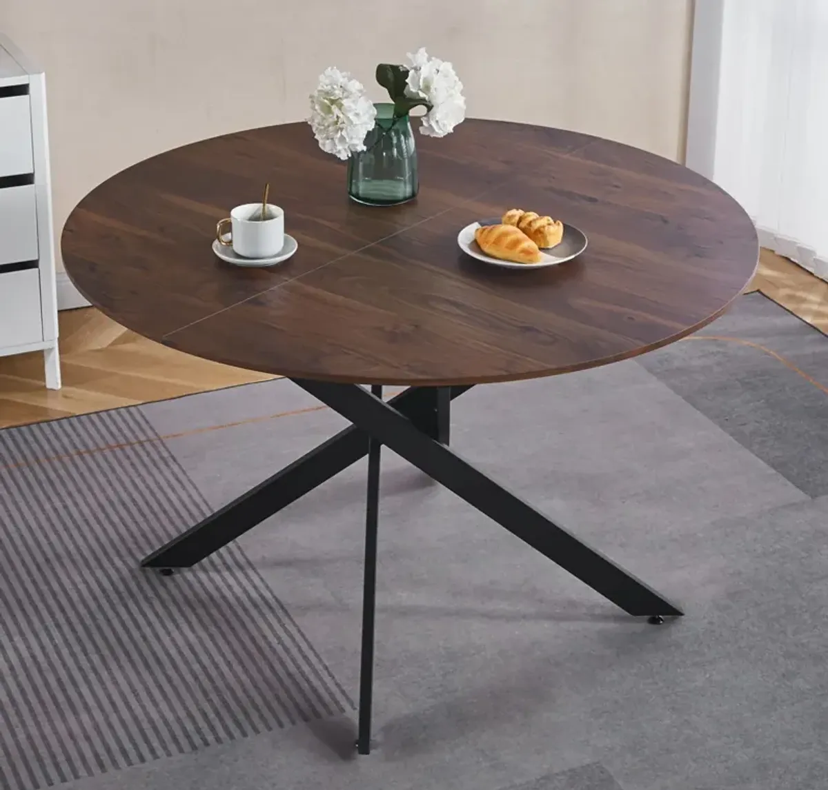 Mid-Century Dining Table For 4 - 6 People With Round MDF Table Top, Pedestal Dining Table, End Table Leisure Coffee Table, Cross Leg