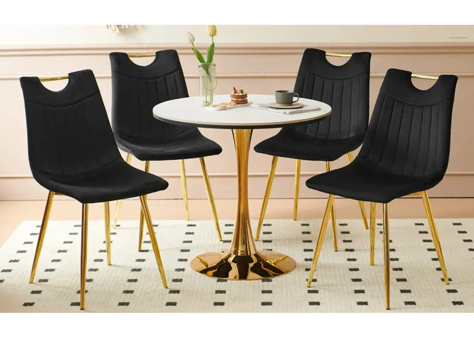 5 Pieces Dining Set, Table Metal Leg Mid-Century Dining Table For 4 - 6 People With MDF Table Top, Pedestal Dining Table, End Table Leisure Coffee Table - Gold / Black