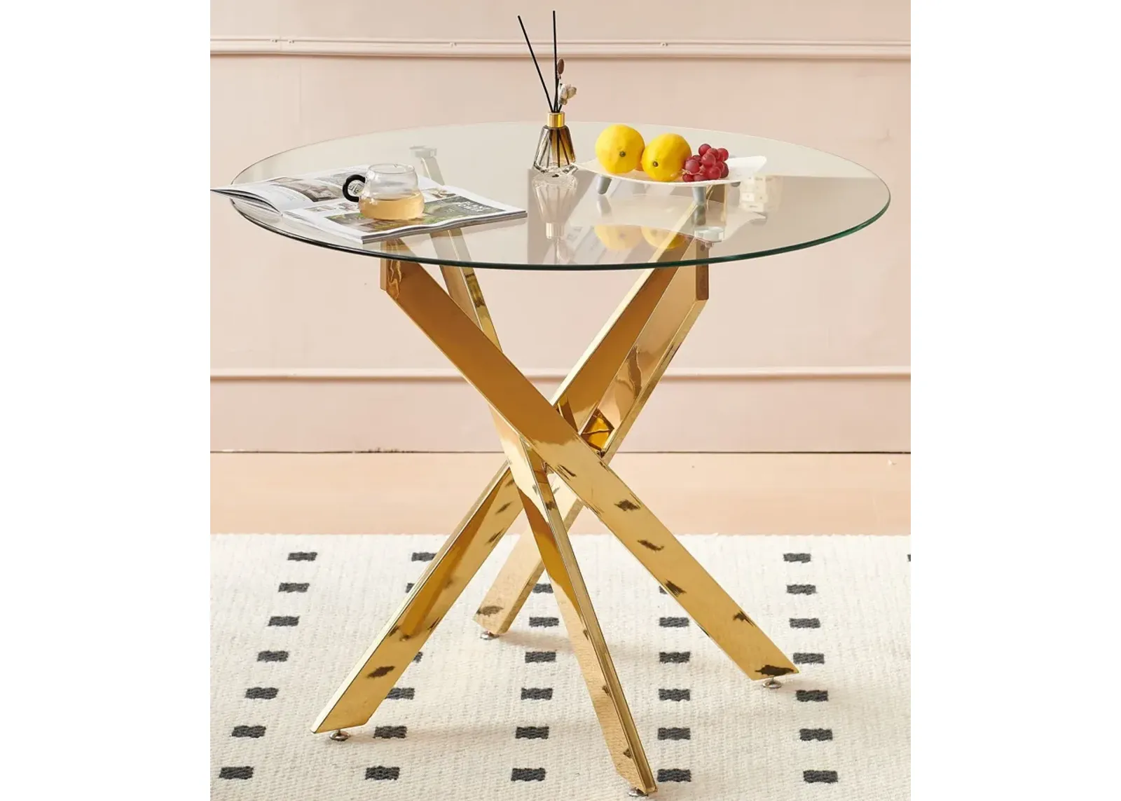 Dining Table With Cross Metal Leg And Tempered Glass, Modern Space Saving Kitchen Table For Living Room