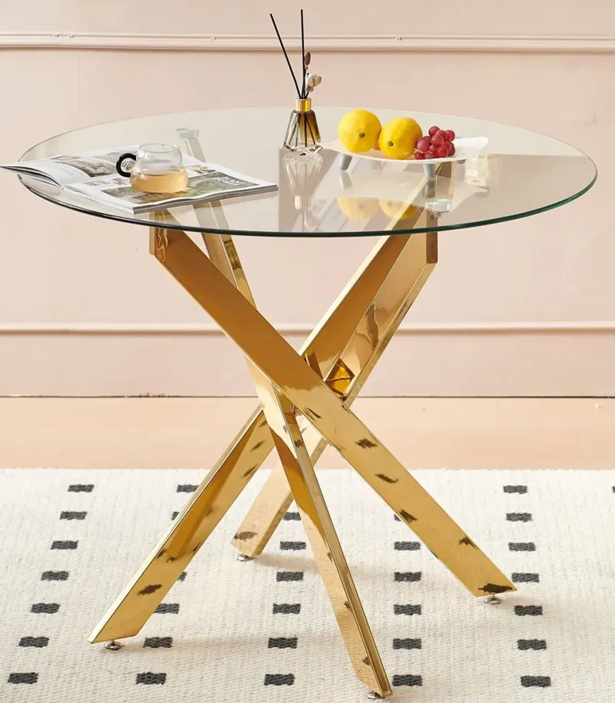 Dining Table With Cross Metal Leg And Tempered Glass, Modern Space Saving Kitchen Table For Living Room