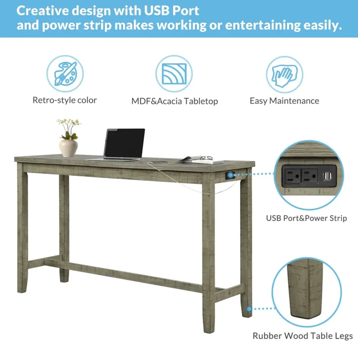 Topmax - 4 Pieces Counter Height Table With Fabric Padded Stools, Rustic Bar Dining Set With Socket