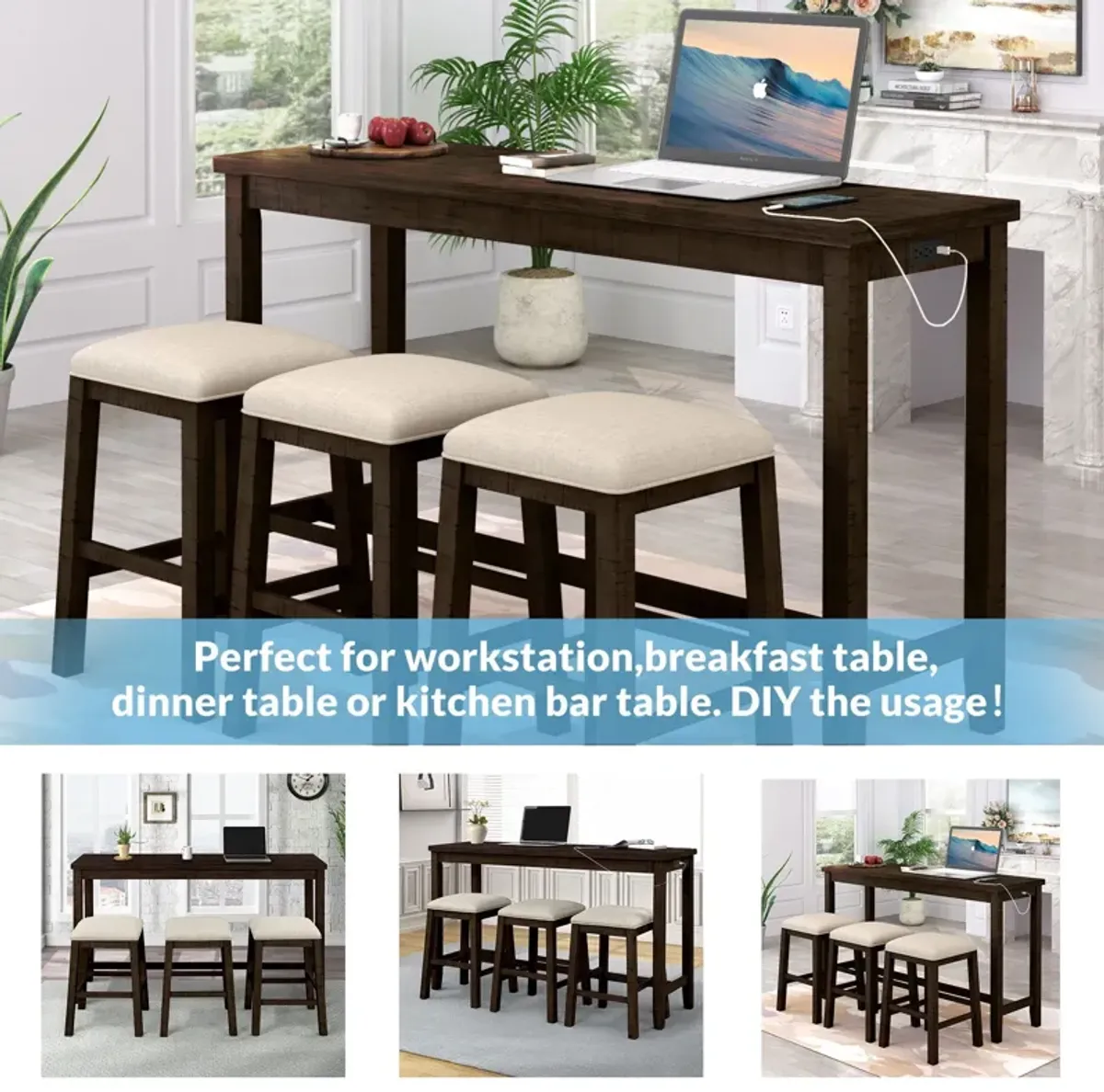 Topmax - 4 Pieces Counter Height Table With Fabric Padded Stools, Rustic Bar Dining Set With Socket