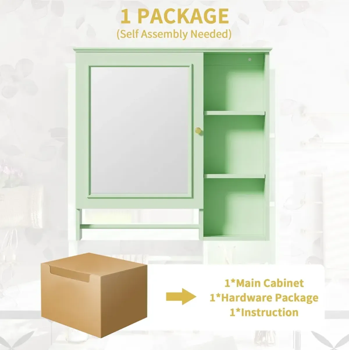 Wall Mounted Bathroom Storage Cabinet, Medicine Cabinets With Large Mirror Door, Adjustable Shelves And Three Open Storage Levels(Not Include Bathroom Vanity)